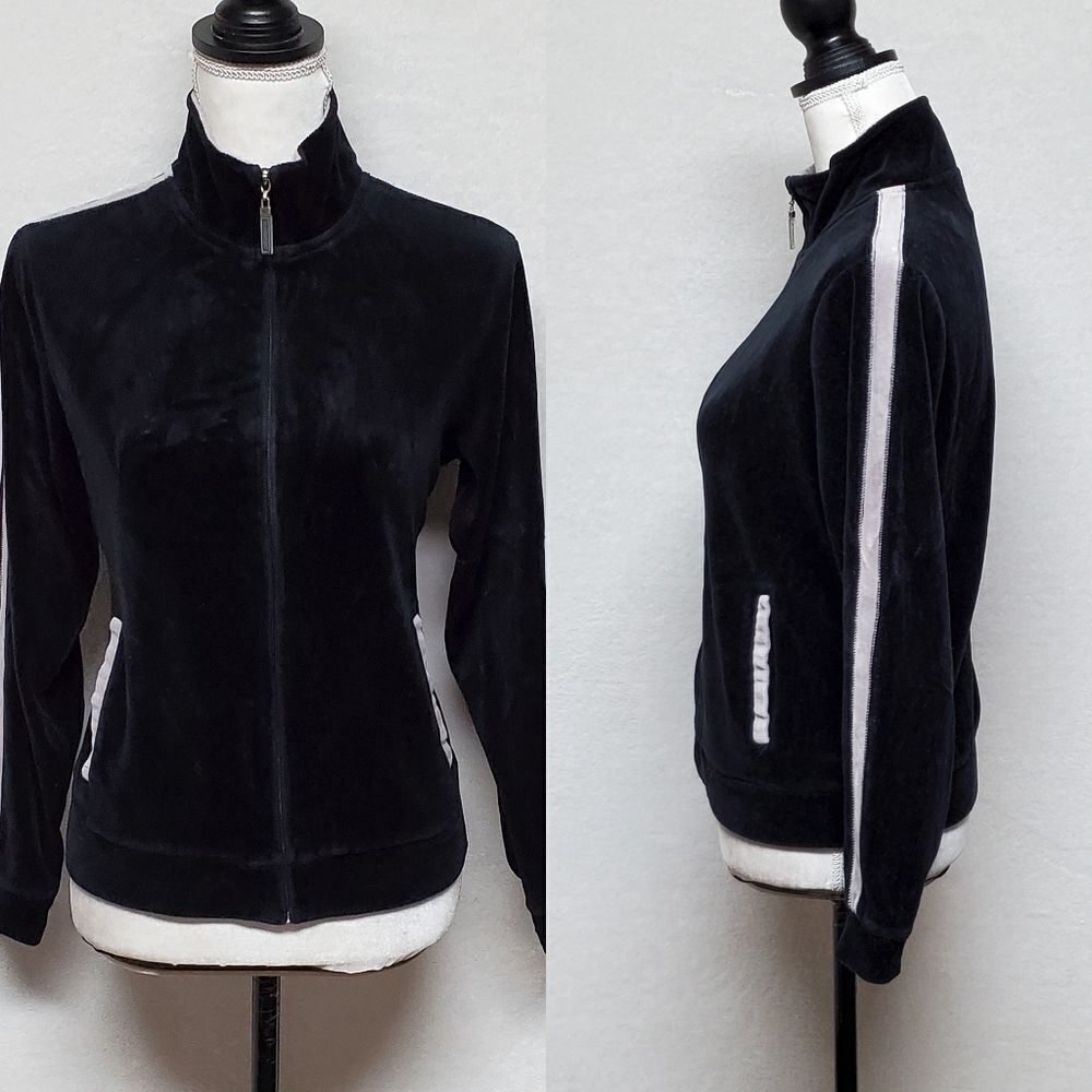 VINTAGE 1990s Bill Blass Blass Sport Black Velour Gray Striped Full-zip Jacket M